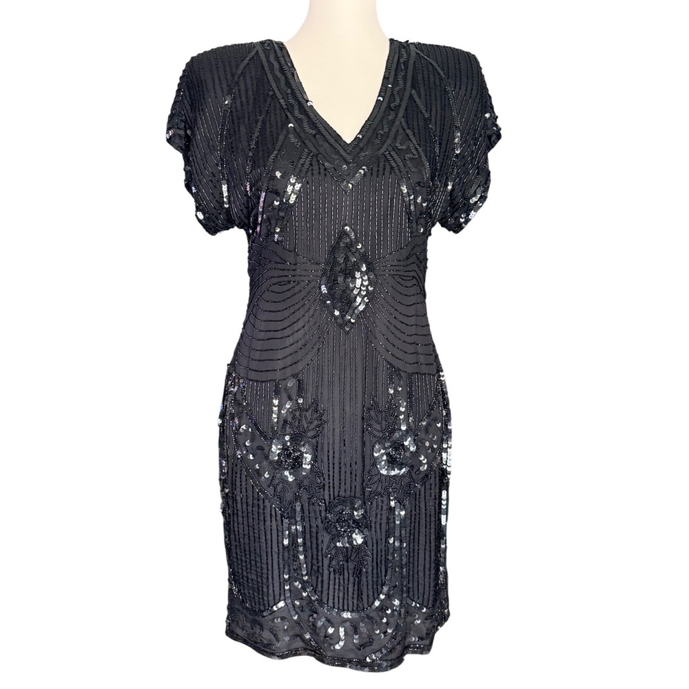 Stenay Vintage Black Silk Beaded Sequin Art Deco Flapper Cocktail Dress Size 8